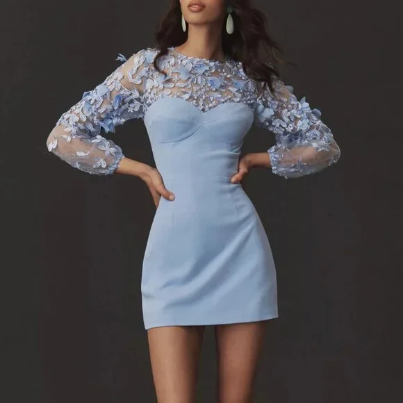 NWT Dress the Population Mila Floral Applique Mini Dress in Sky